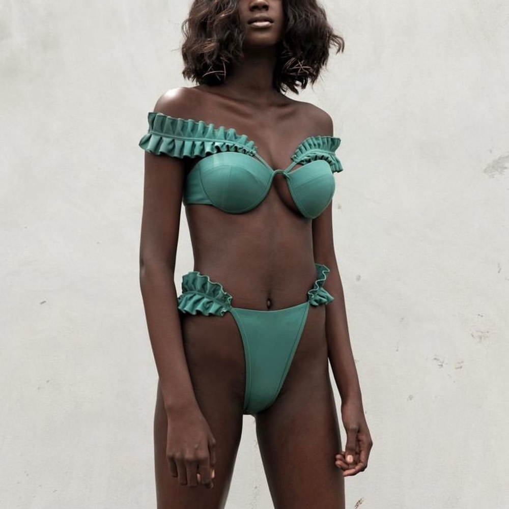 New Andrea Iyamah M L New RARE HTF Green Ruffled High Cut Mulan Bikini Swimsuit - Picture 11 of 16